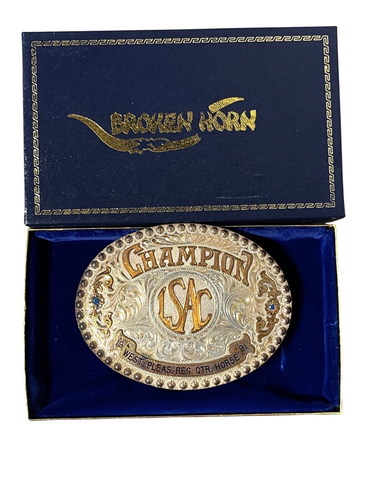 Broken Horn Champion Trophy Belt Buckle 1991 LSAC West Sterling Silver Overlaid