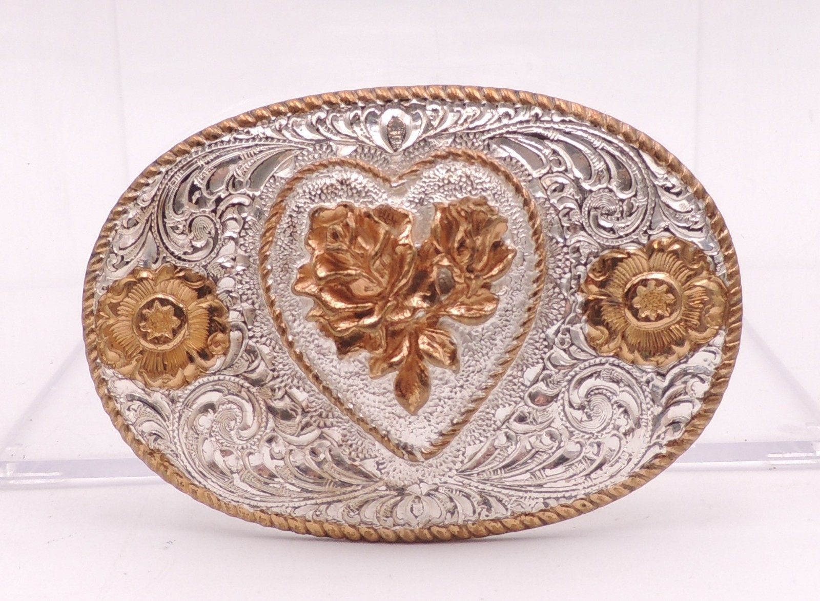 Crumrine Classic Western Belt Buckle Silver-Plate On Bronze Floral Scroll Cowgir