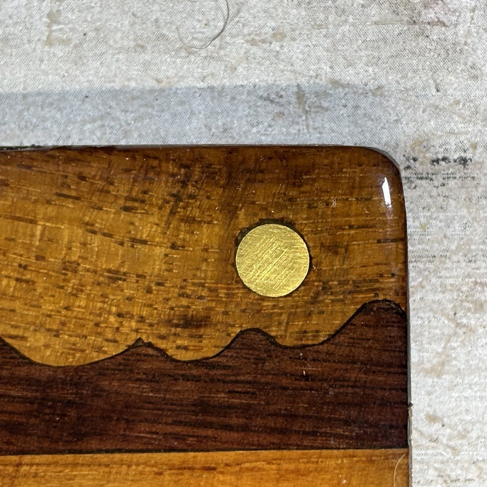 Handmade Wood Inlay Belt Buckle Mountain Landscape Turquoise Brass Artisan