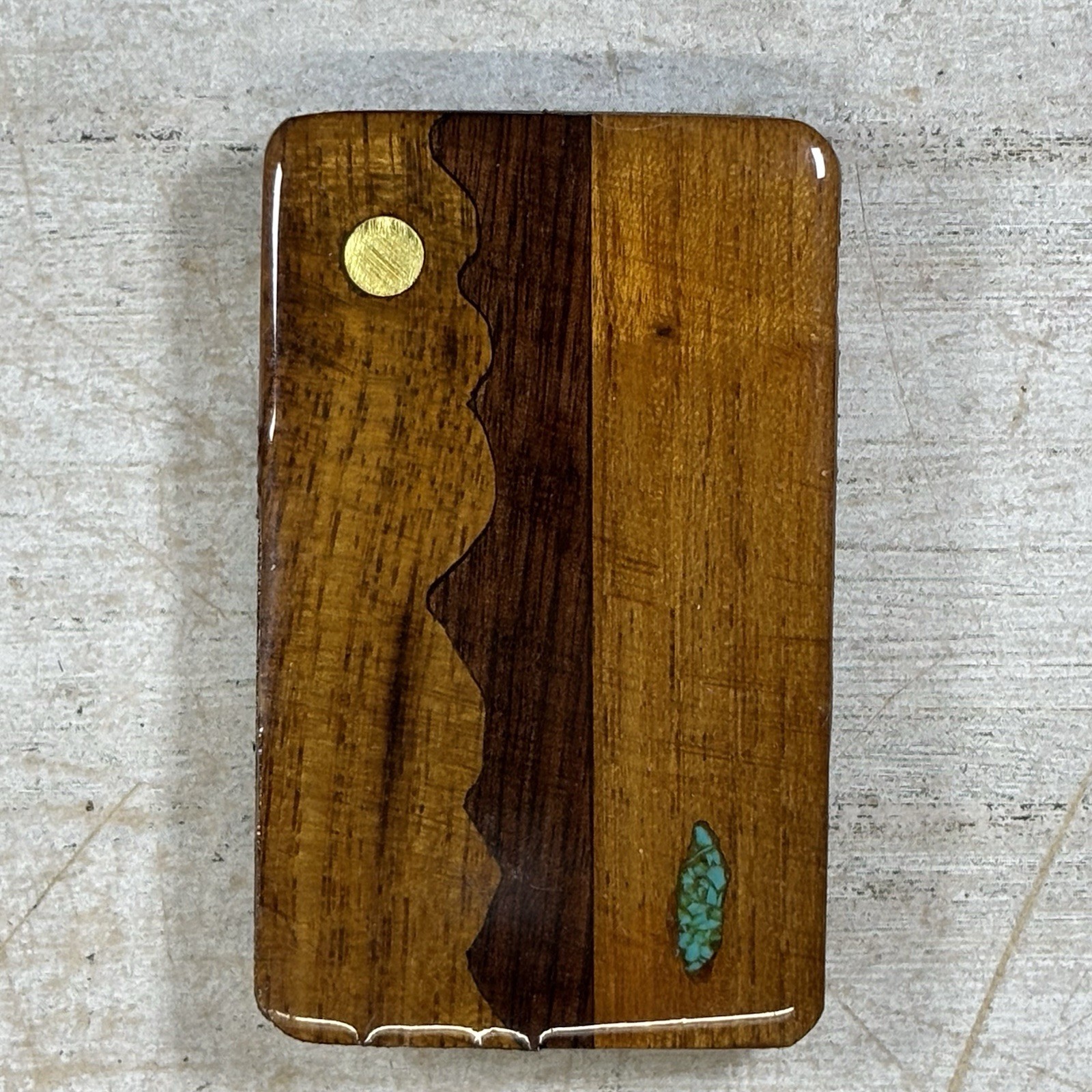 Handmade Wood Inlay Belt Buckle Mountain Landscape Turquoise Brass Artisan