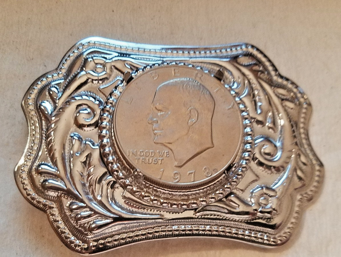 1978 Ike Eisenhower Dollar Coin Mounted in A Silvertone Belt Buckle