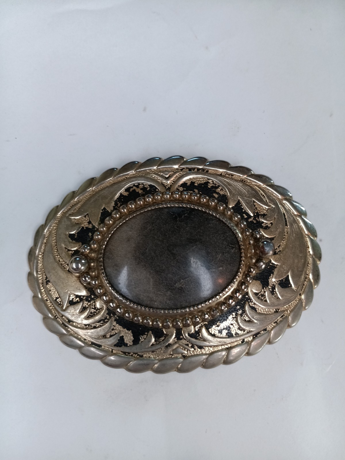 Vintage Western Belt Buckle Gold Tone Oval Engraved Smooth Gray Stone Cabochon