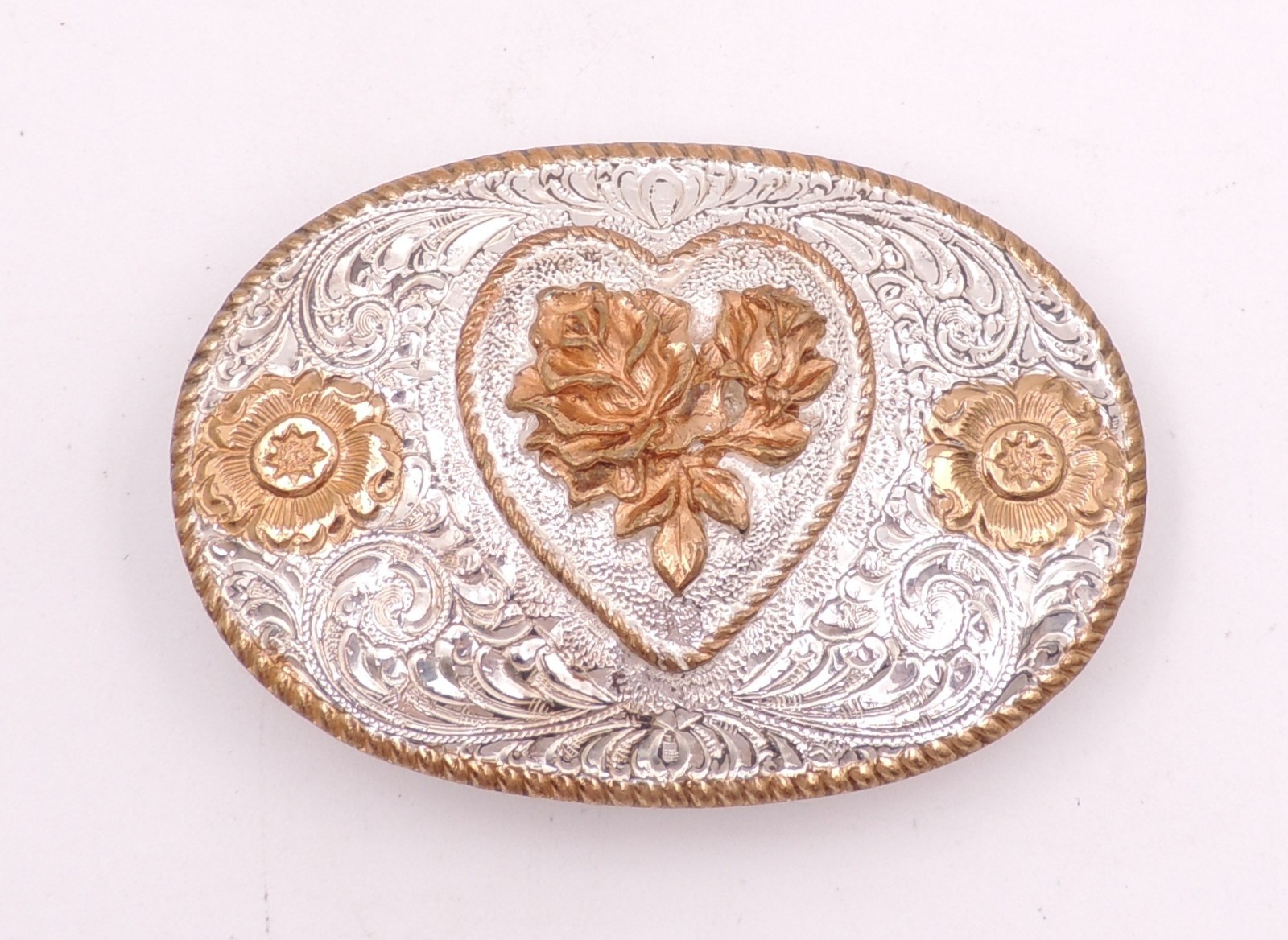Crumrine Classic Western Belt Buckle Silver-Plate On Bronze Floral Scroll Cowgir