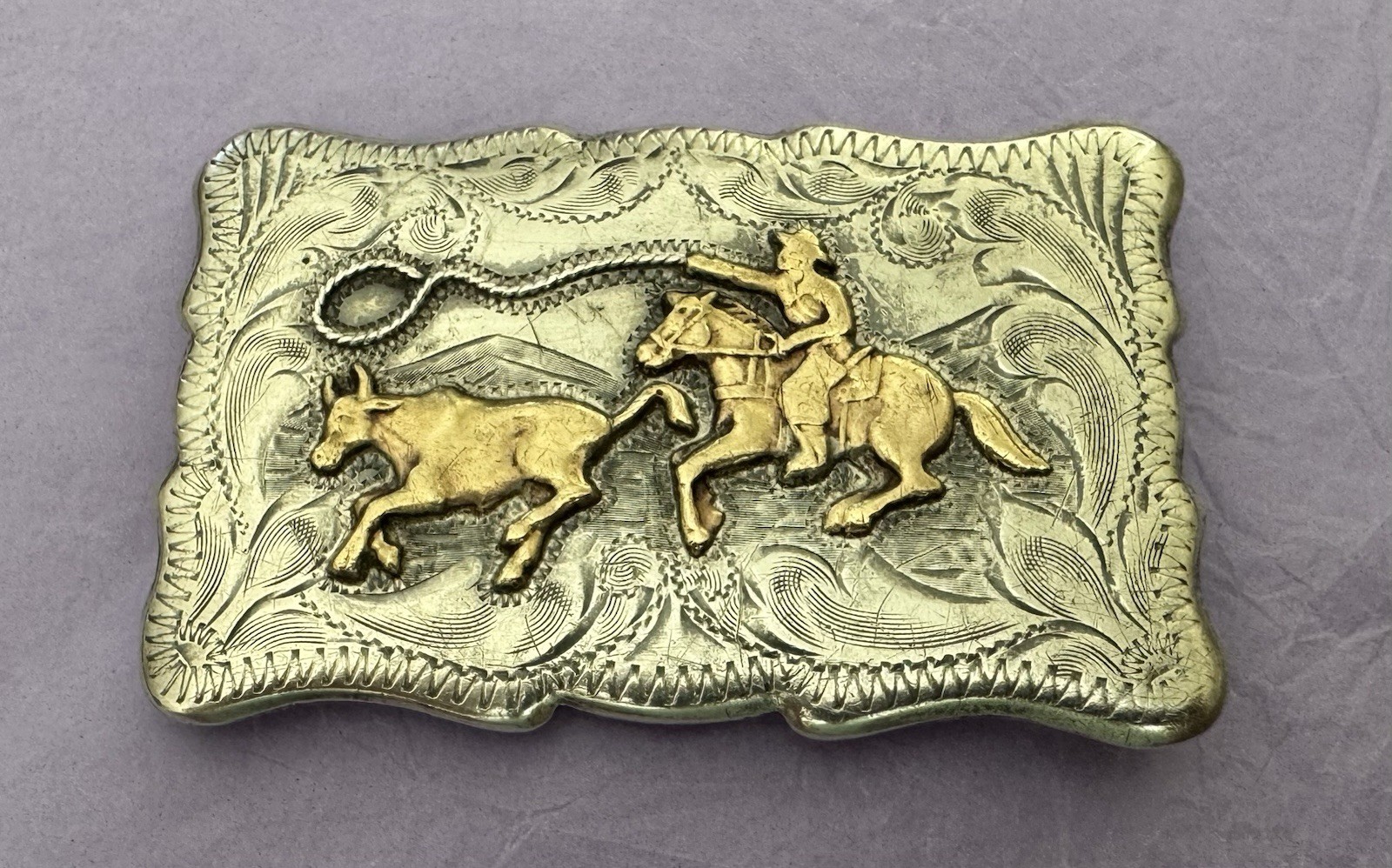 Vintage Unbranded Old Western Sterling Silver Calf Roping Trophy Belt Buckle