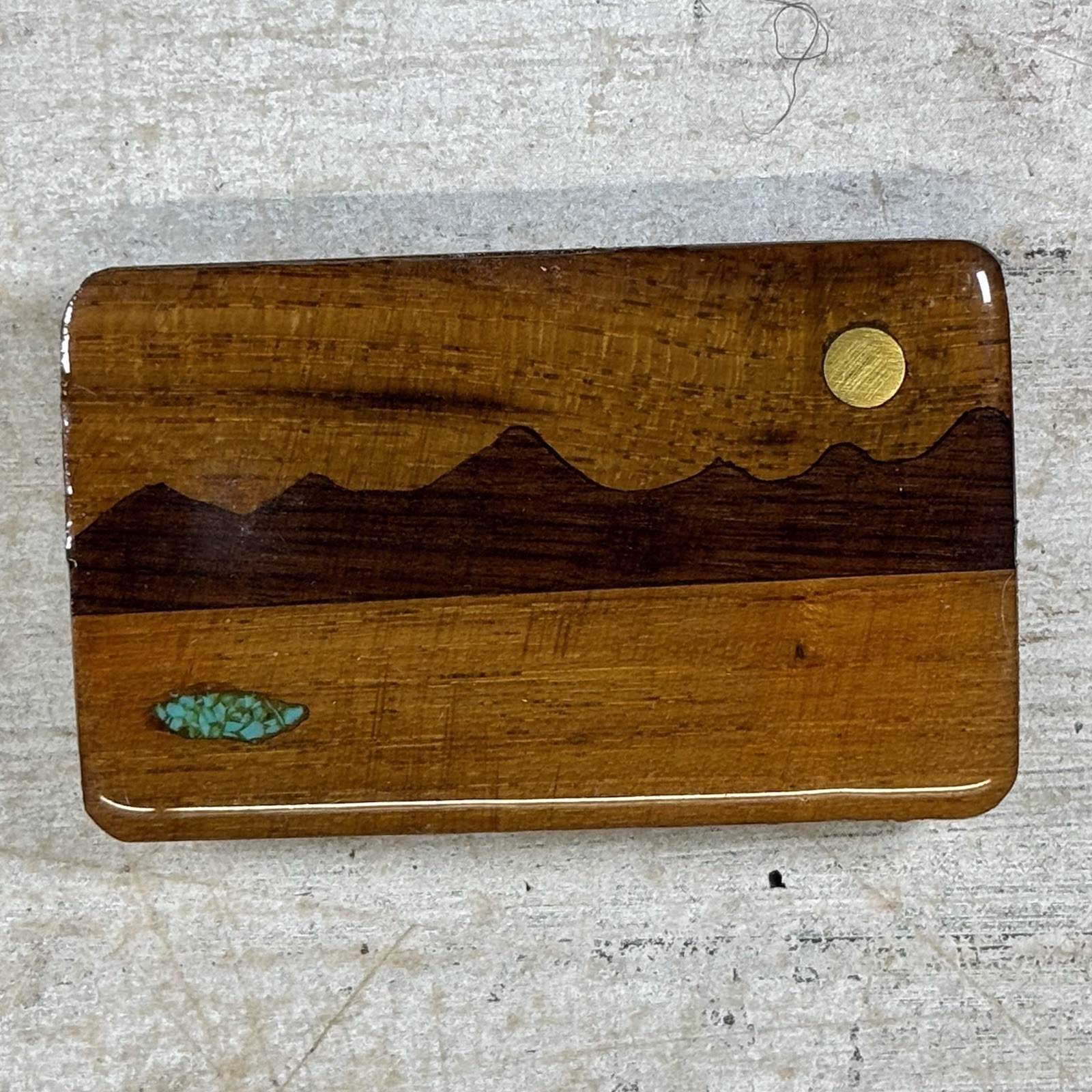 Handmade Wood Inlay Belt Buckle Mountain Landscape Turquoise Brass Artisan