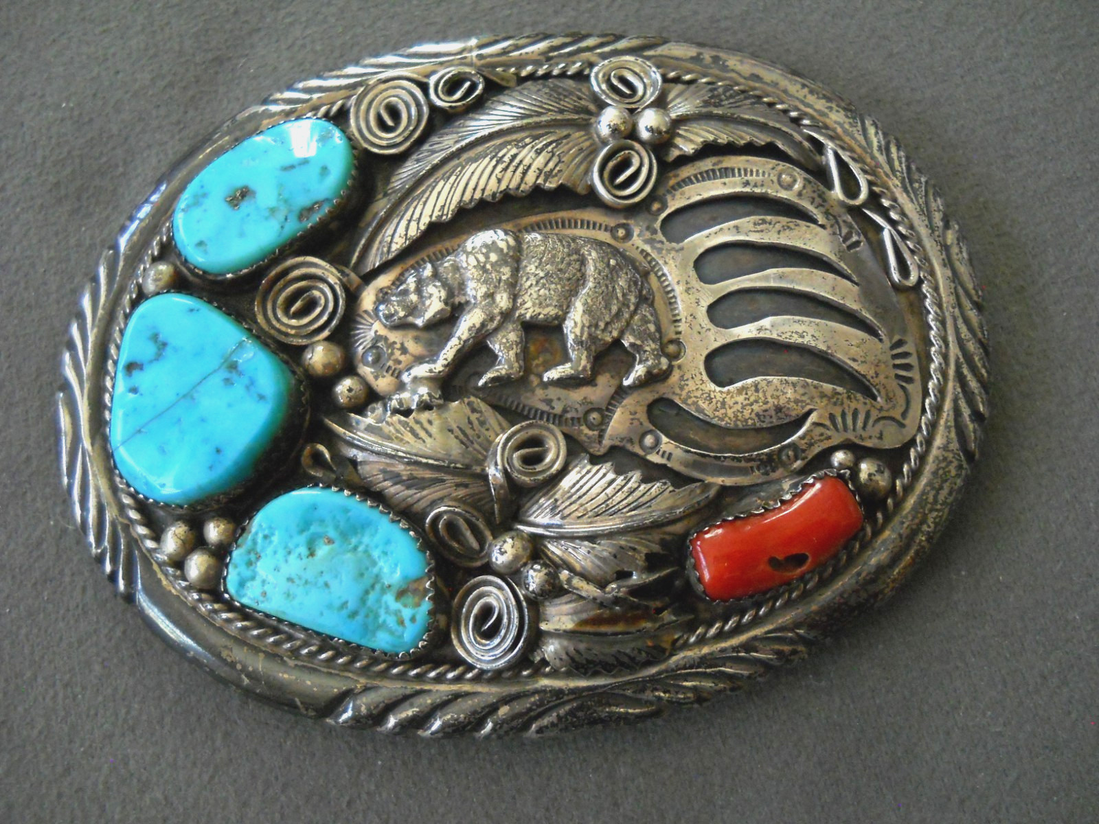 MIKE THOMAS JR Native American Turquoise Coral Sterling Silver Bear Belt Buckle