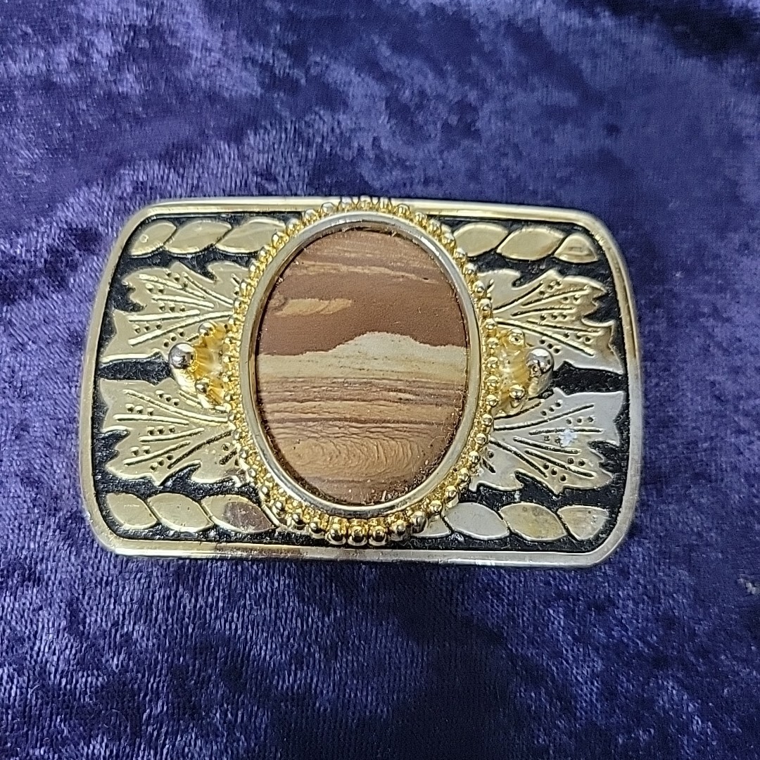Womens Western Oval Polished Stone Decorative Gold Metal W/Black Belt Buckle USA