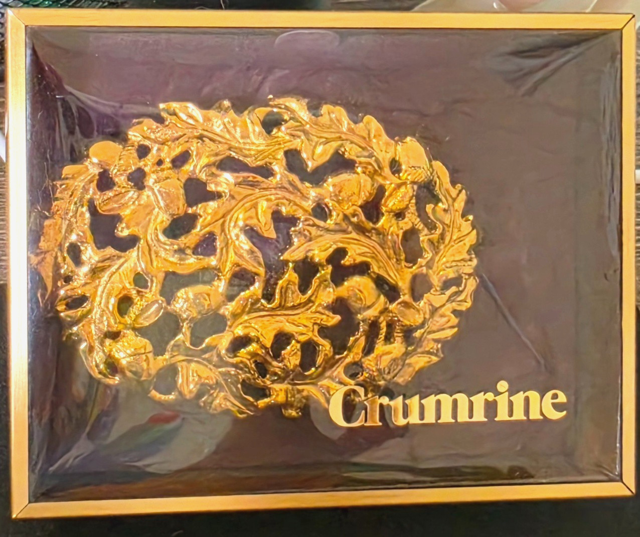 Vintage Crumrine Western Gold Tone Open Work Oak Leaf Acorn Belt Buckle Boxed