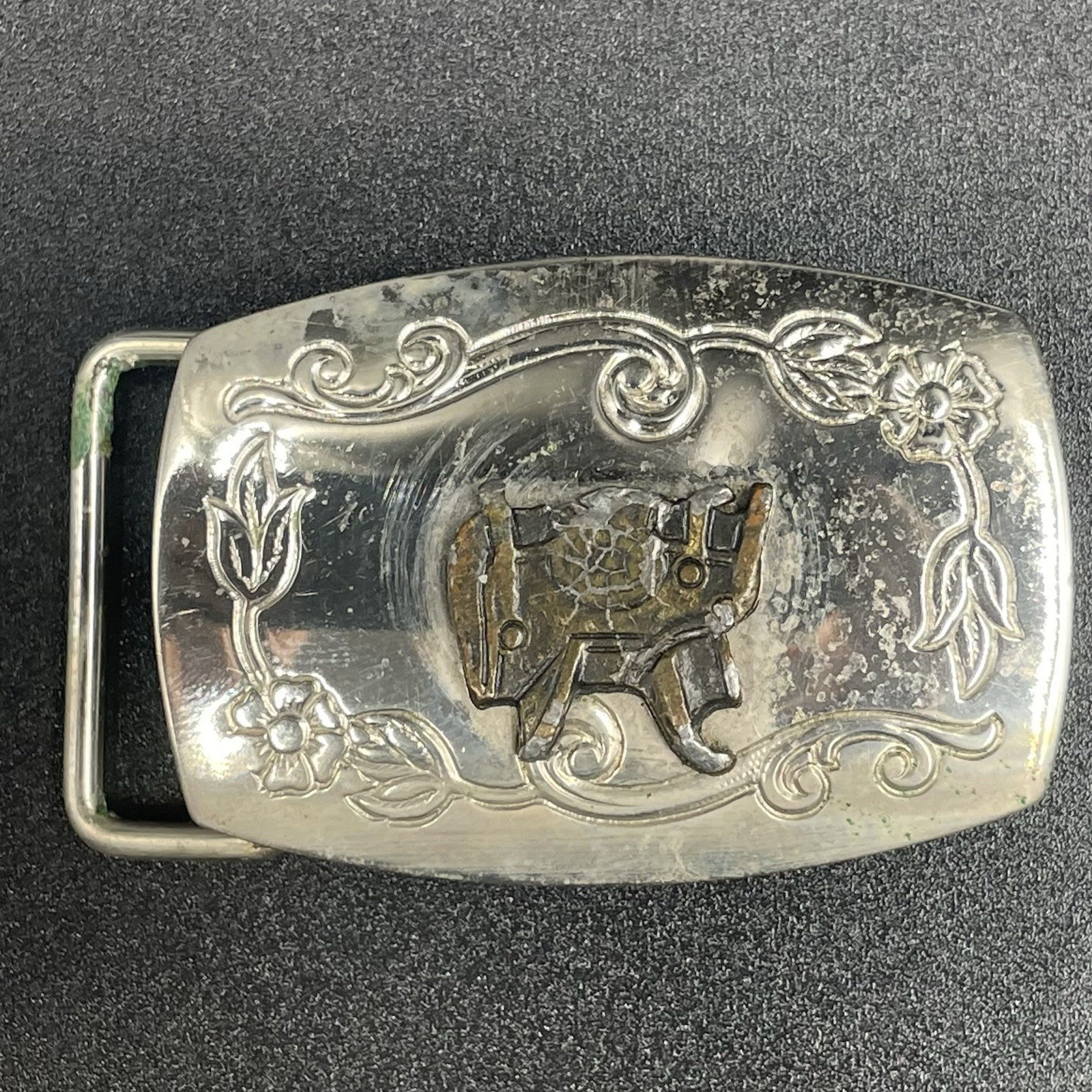 Vintage Western Saddle Belt Buckle Silver Tone Floral Engraved Taiwan