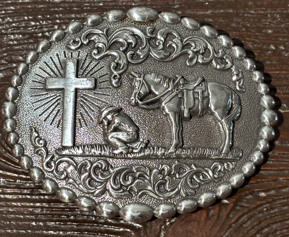 Nocona Western Heritage Belt Buckle 4” Oval Praying Cowboy Cross Silver Tone