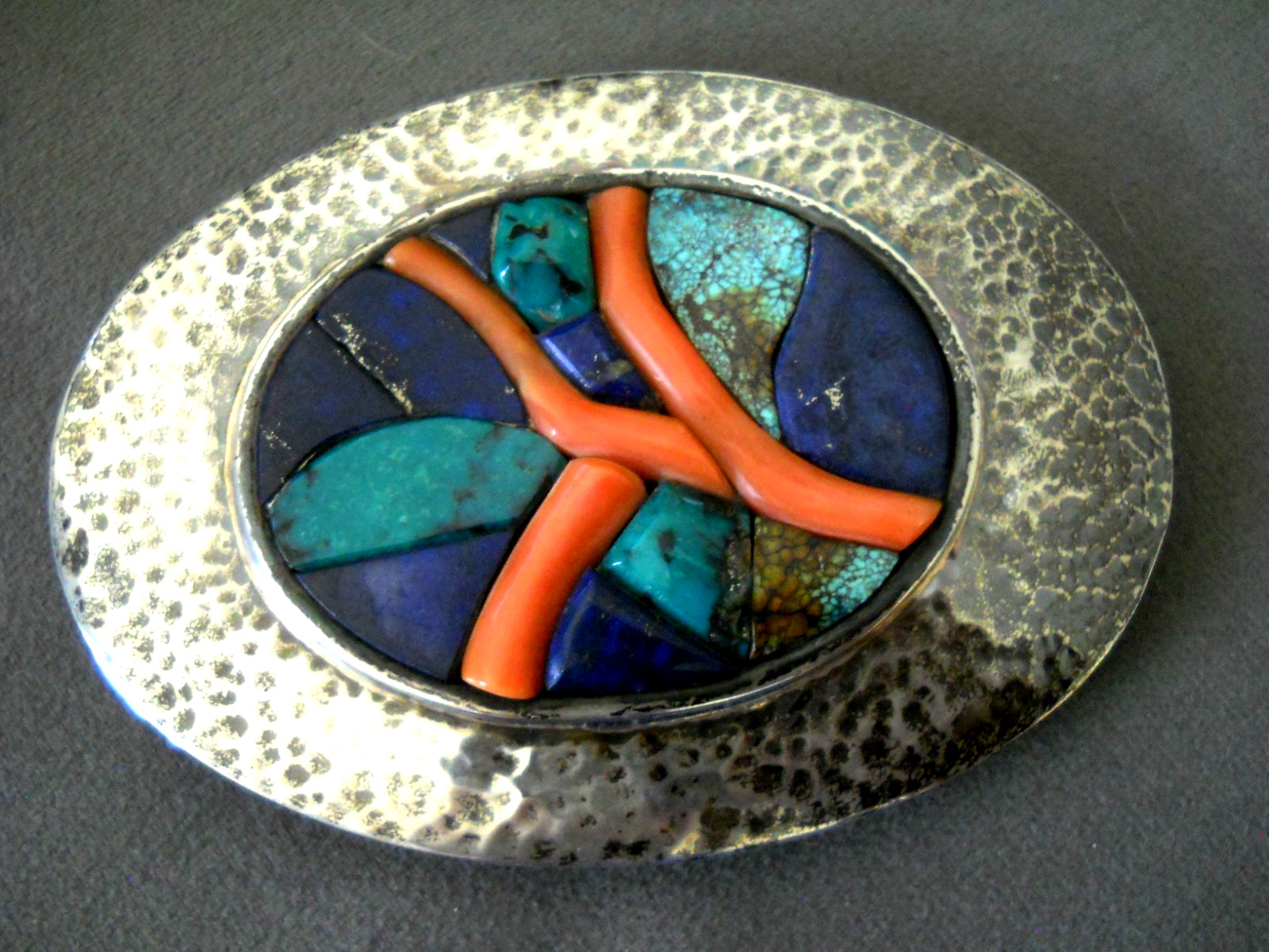 Native American Lapis Turquoise Coral Inlay Sterling Silver Hammered Belt Buckle