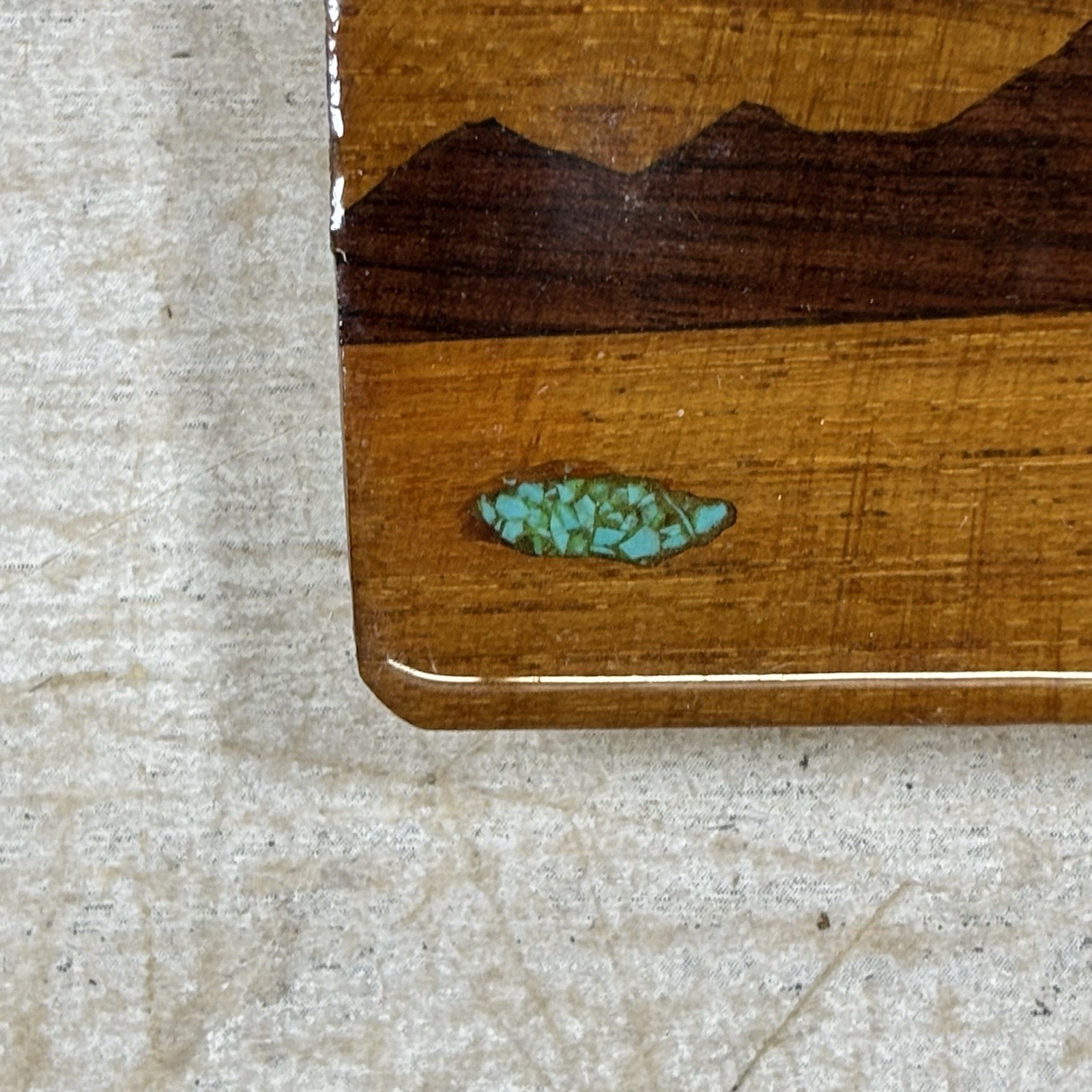Handmade Wood Inlay Belt Buckle Mountain Landscape Turquoise Brass Artisan
