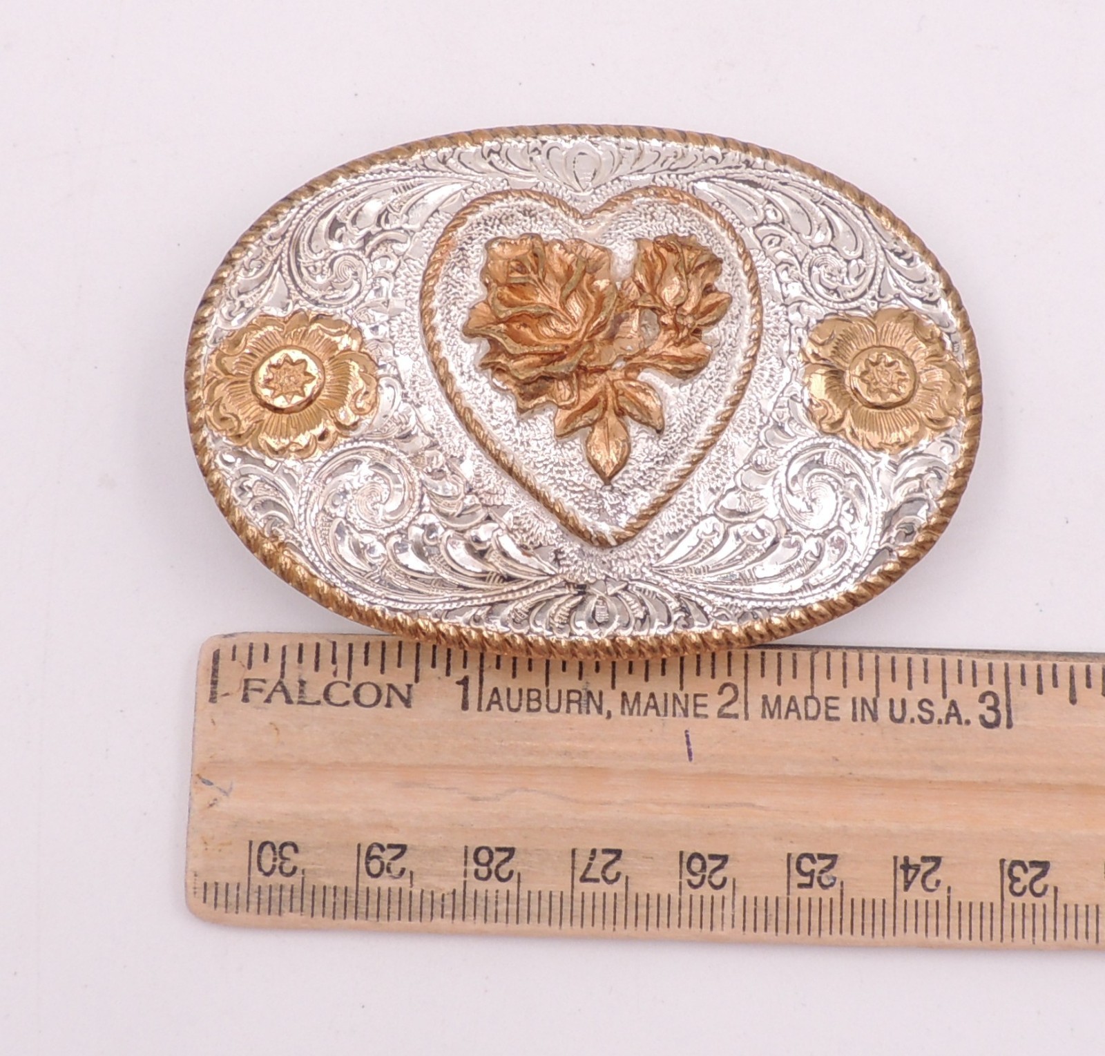 Crumrine Classic Western Belt Buckle Silver-Plate On Bronze Floral Scroll Cowgir