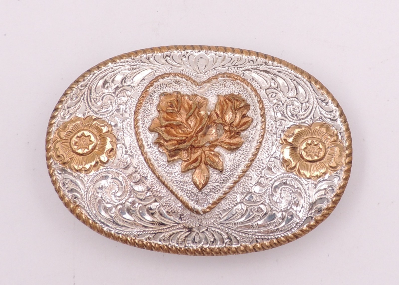 Crumrine Classic Western Belt Buckle Silver-Plate On Bronze Floral Scroll Cowgir