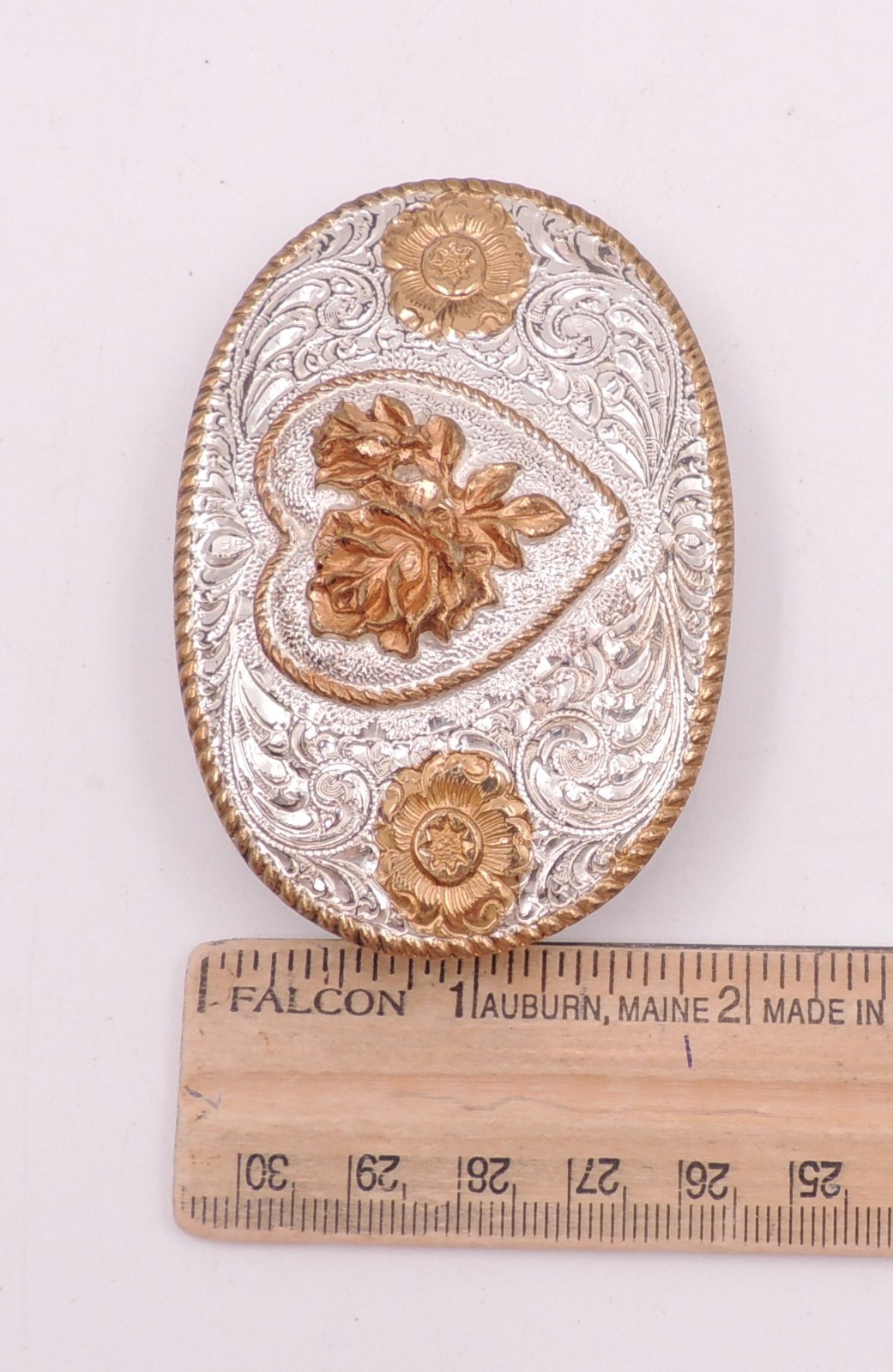 Crumrine Classic Western Belt Buckle Silver-Plate On Bronze Floral Scroll Cowgir