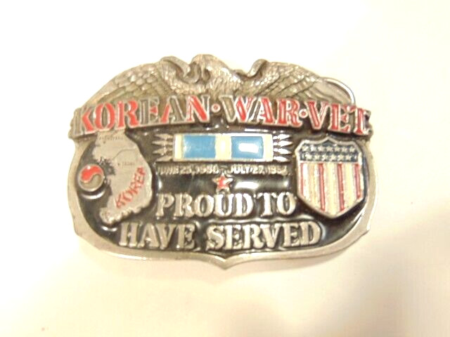 Vintage gray metal Korean War Veteran commemorative belt buckle