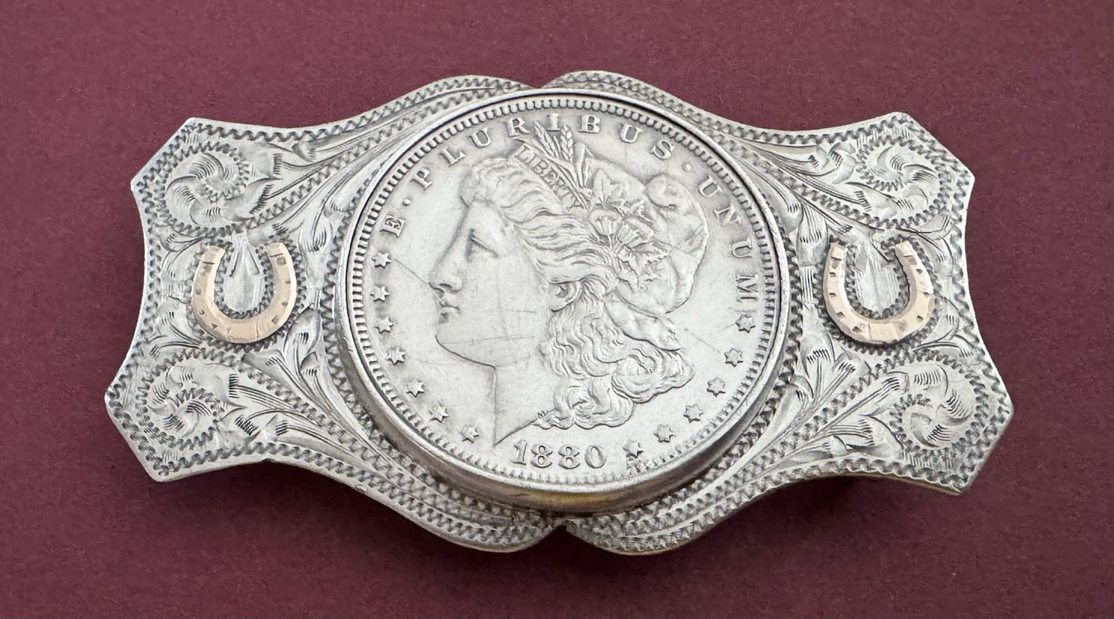 VTG Western Unbranded Sterling Silver 1880-S Morgan Silver Dollar Belt Buckle