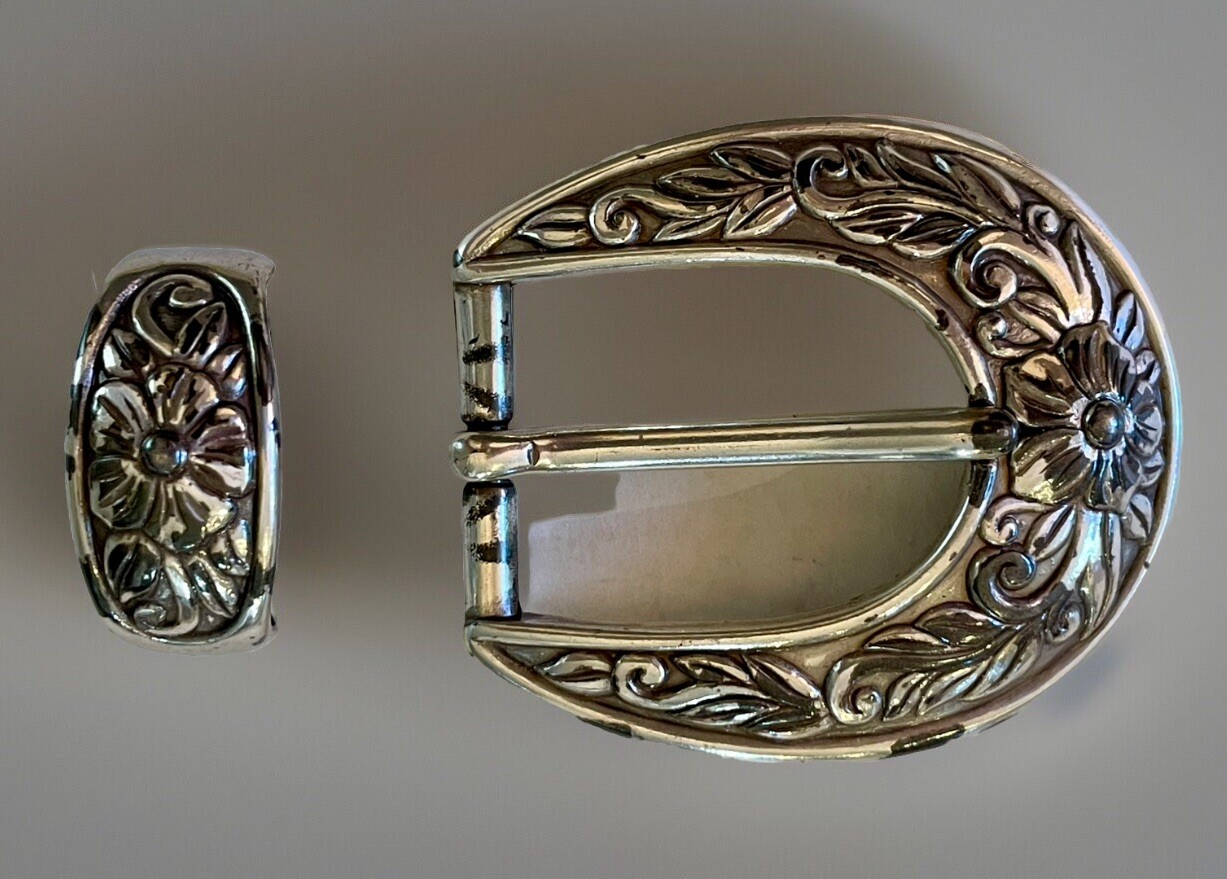Vintage 1997 Western Silver-plate Belt Buckle & Keeper Womens 1” Wide Belt
