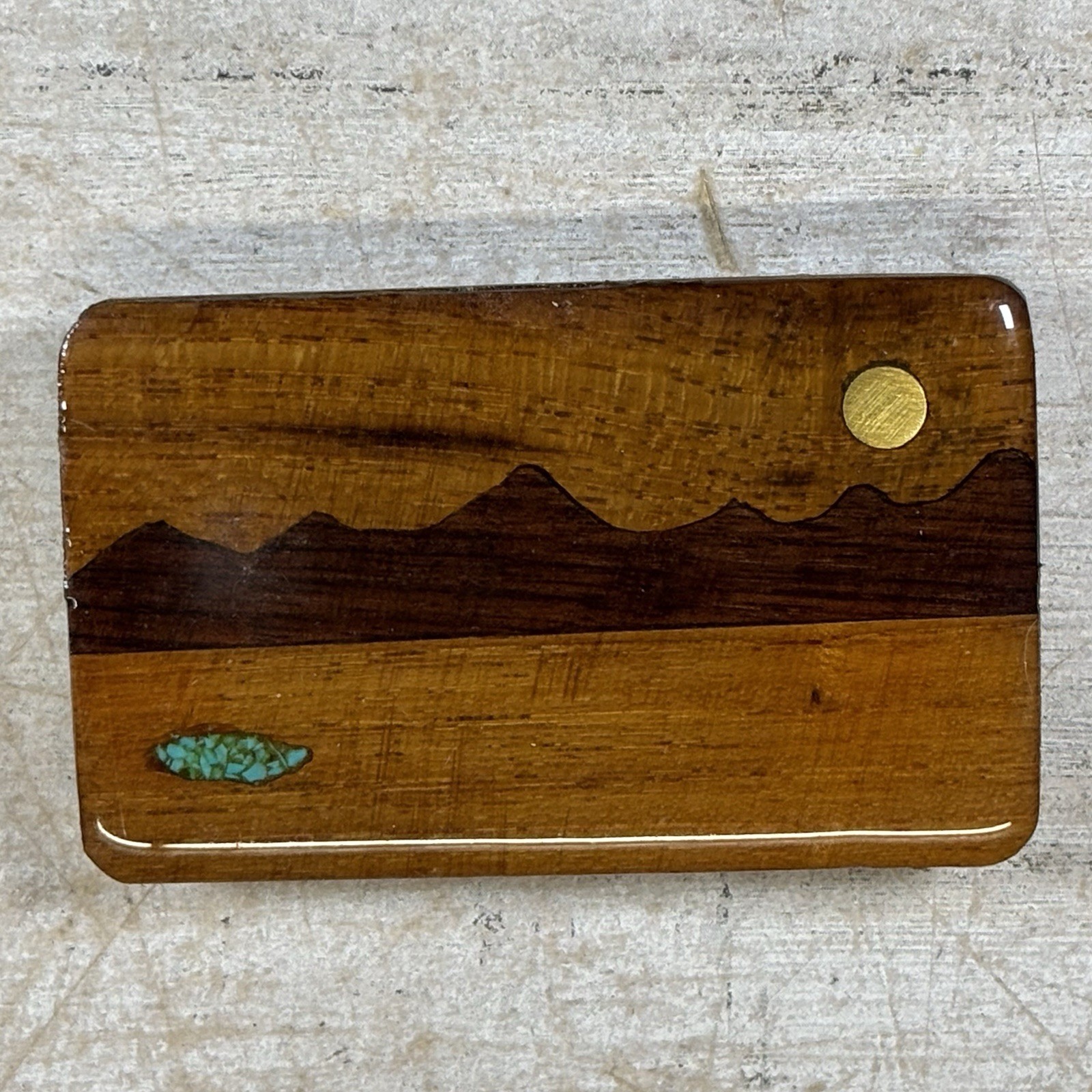 Handmade Wood Inlay Belt Buckle Mountain Landscape Turquoise Brass Artisan