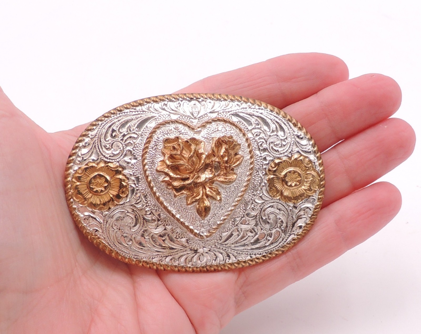 Crumrine Classic Western Belt Buckle Silver-Plate On Bronze Floral Scroll Cowgir