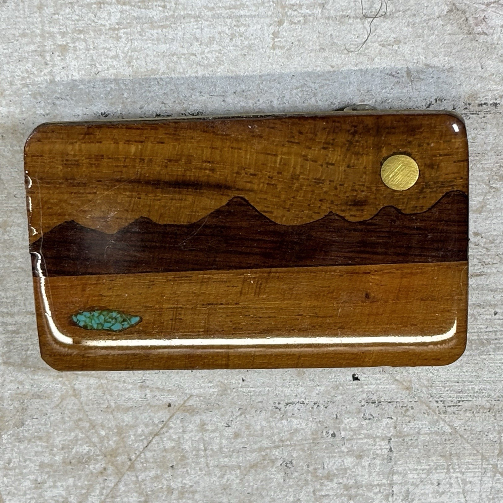 Handmade Wood Inlay Belt Buckle Mountain Landscape Turquoise Brass Artisan