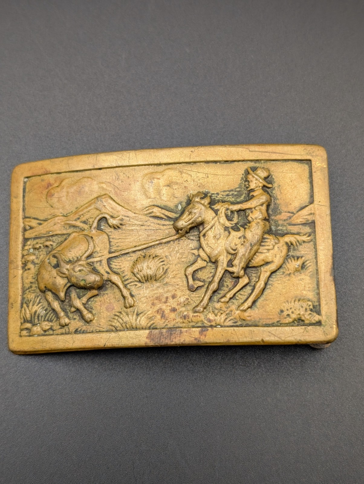 VERY OLD RARE Vintage Western Bronze Belt Buckle Old Style Cowboy Roping a Bull