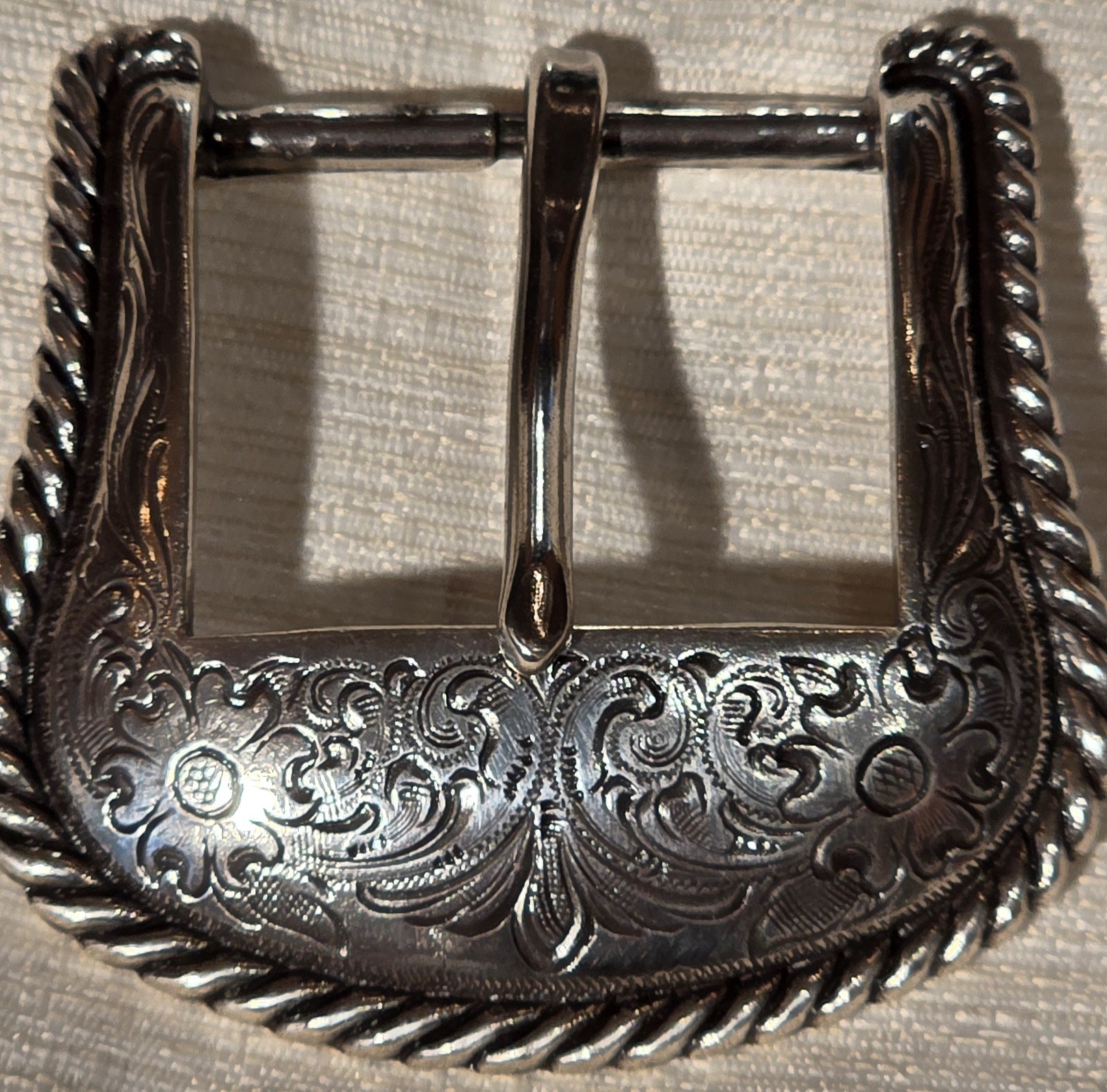 Vintage Western Belt Buckle Floral Etched Silver Tone Rope Edge Taiwan ROC