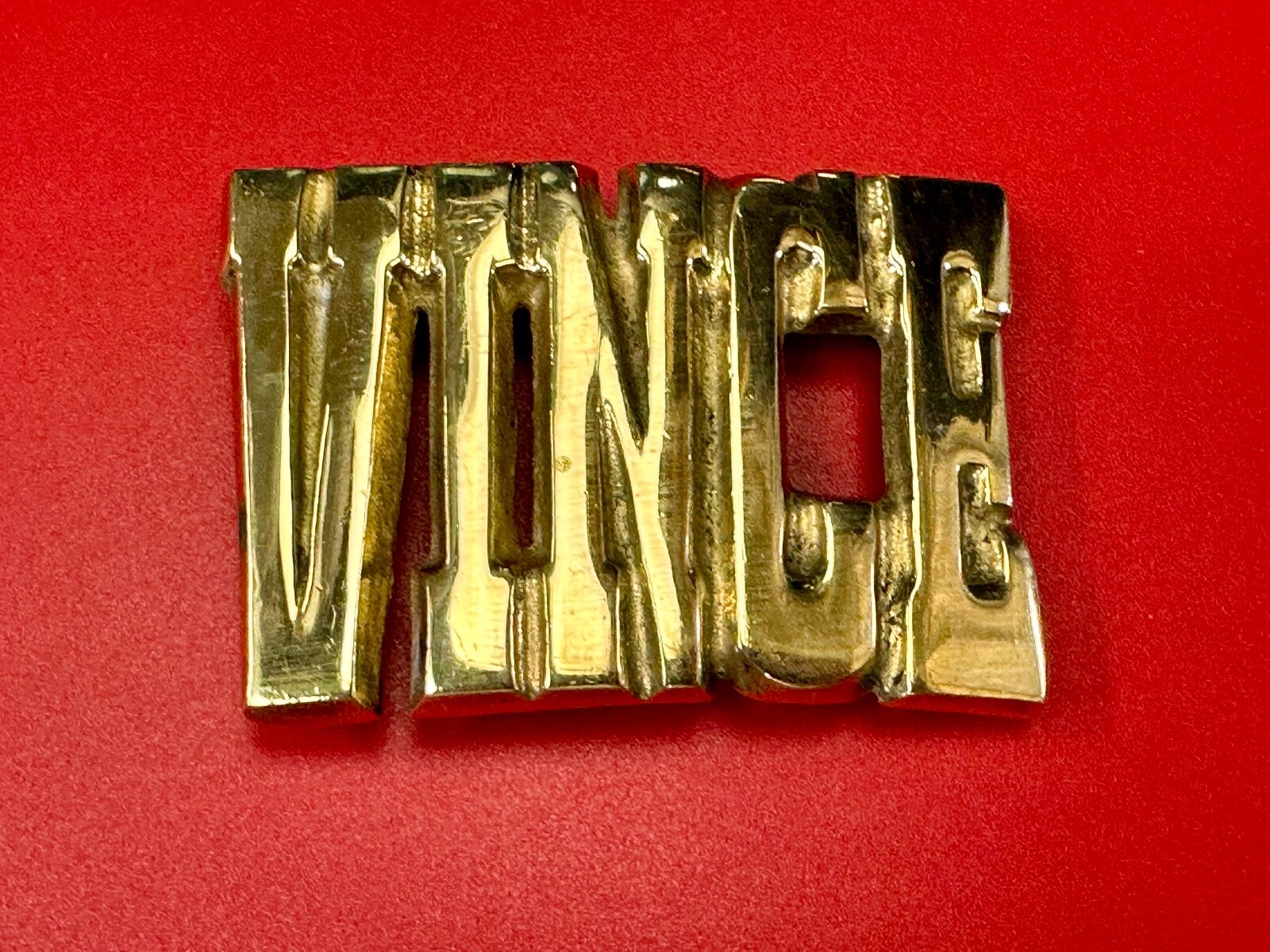 Vince, Cutout block letters solid brass Vintage belt buckle marked Taiwan ROC