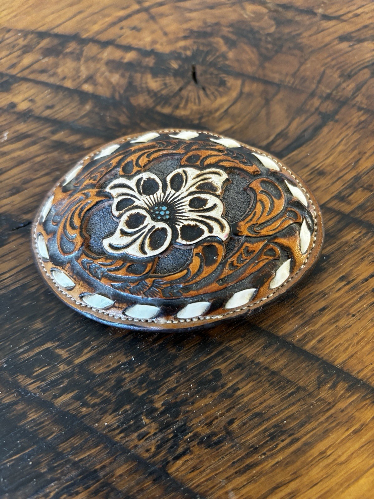 Vintage Nocona Tooled Leather Belt Buckle Floral Western Cowboy Rodeo Cowgirl