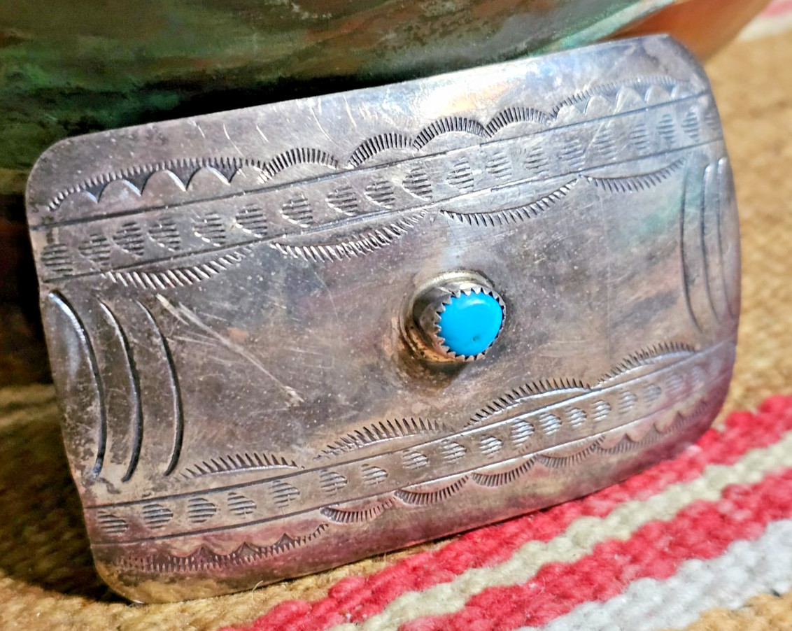 FINE OLD STERLING SILVER TURQUOISE NATIVE AMERICAN 3.25″ BELT BUCKLE WIL MARIANO
